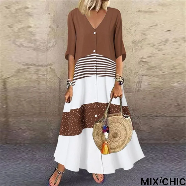 V-Neck Short Sleeve Printed Long Dress Button Casual Skirt