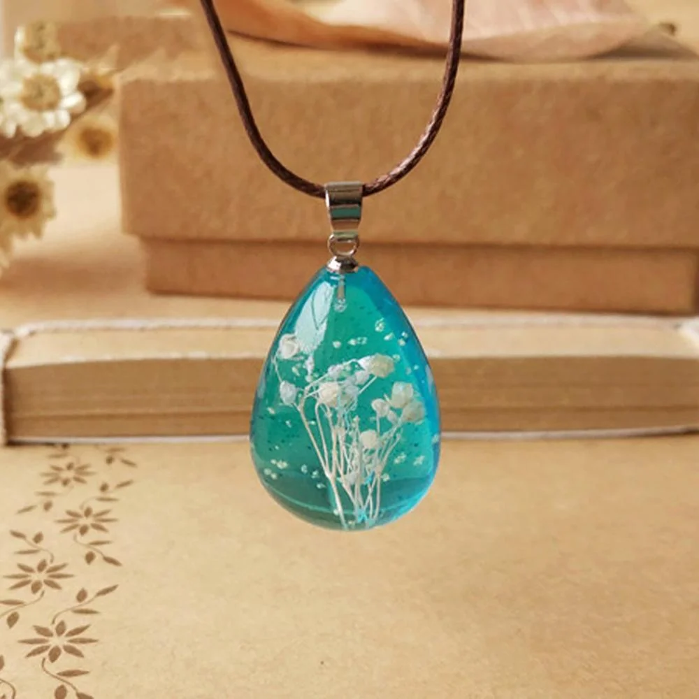 Luminous Glow In The Dark Water Drop Pendant With Preserved Flower Necklace