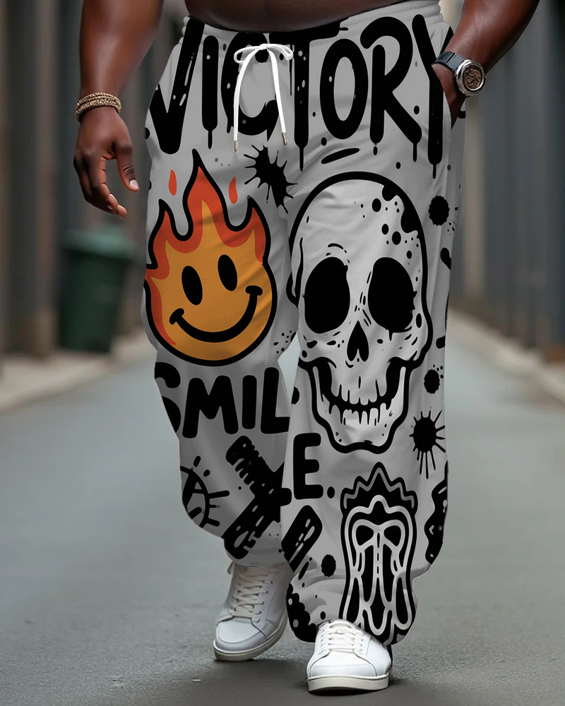 Big Men's Street Fashion VICTORY Hip Hop Skull Fire Printed Pocket Drawstring Casual Pants