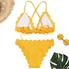 ZAFUL 2019 New Scalloped Criss-cross Bikini Set Swimwear Women Swimsuit Spaghetti Straps Solid Color Summer Beach Bathing Suit