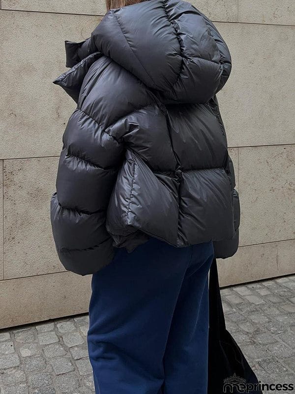 Long Sleeves Loose Solid Color Split-Joint Hooded Padded Coat