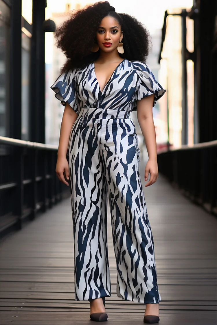 Xpluswear Design Plus Size Business Casual Blue Elegant Zebra Print V Neck Petal Sleeve Short Sleeve Pocket Jumpsuits [Pre-Order] 2024 - Xpluswear