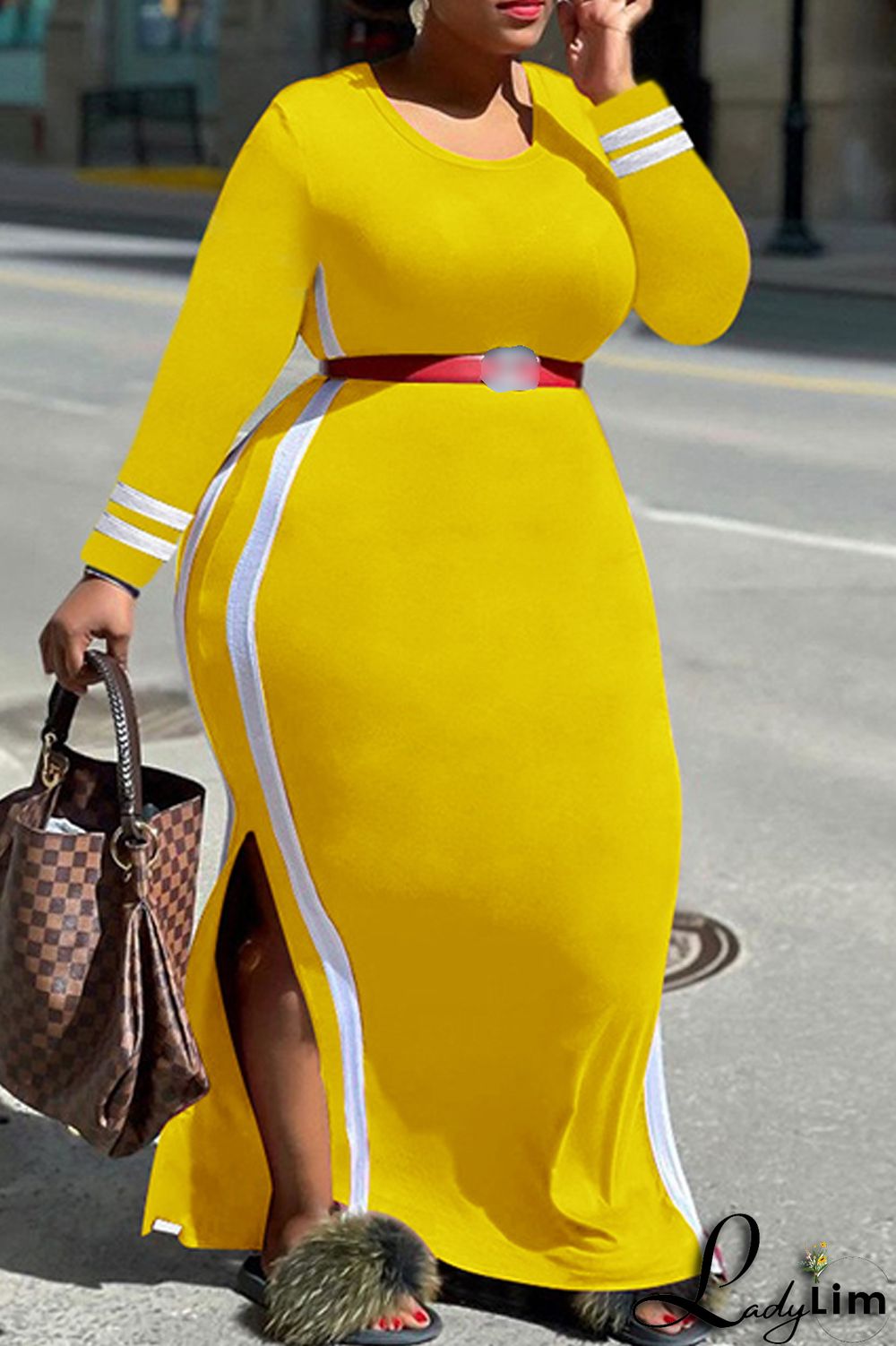 Orange Fashion Casual Striped Patchwork Slit O Neck Long Sleeve Plus Size Dresses (Without Belt)