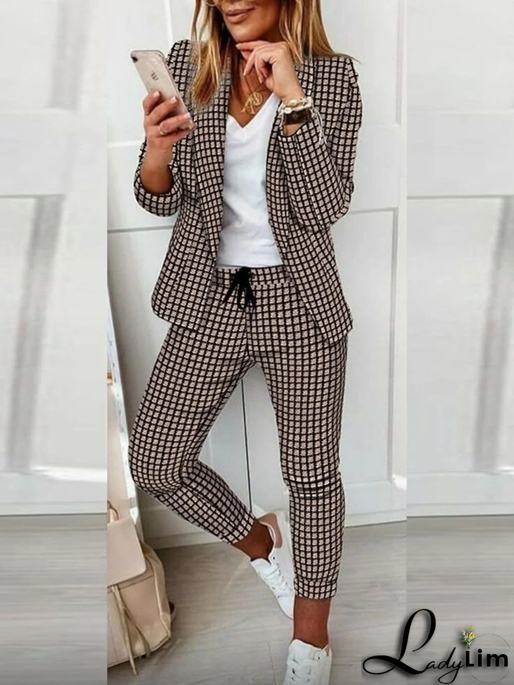 Casual Colorblock Allover Pattern Blazer & Pants 2 Pcs Set