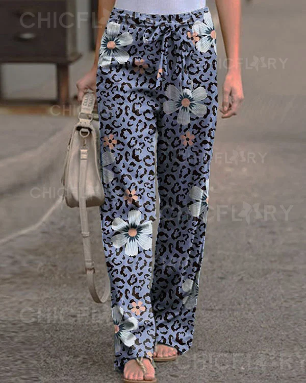 Lace-up Floral Leopard-print Pants
