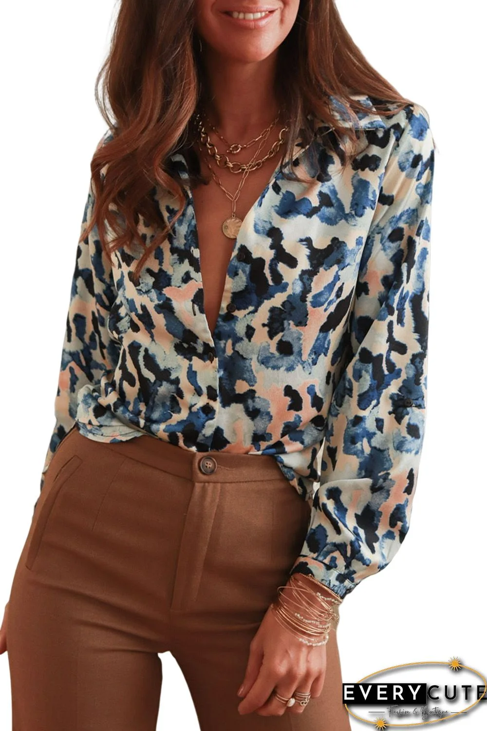 Blue Abstract Print Buttoned Long Sleeve Shirt