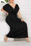 Plus Size Elegant Lace Up Solid Deep V Neck Maxi Dress
