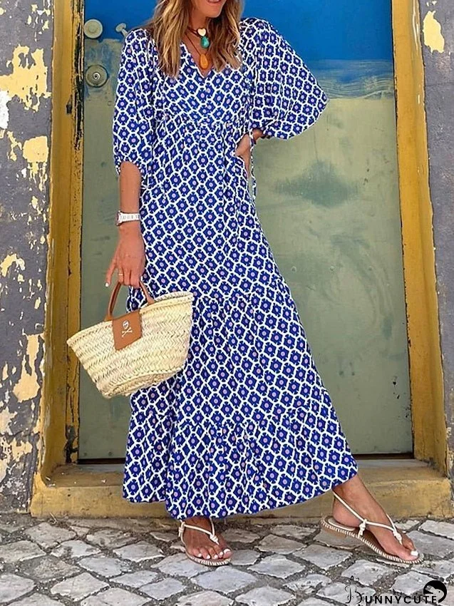 Long Dress Maxi Dress Casual Dress Summer Dress Boho Dress Graphic Floral Bohemian Casual Outdoor Daily Holiday Patchwork Print 3/4 Length Sleeve V Neck Dress Loose Fit Blue Spring Summer S M for Women