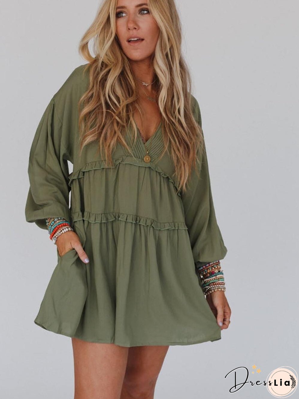 Enchanting Green Puff Sleeve Tiered Frill Mini Dress