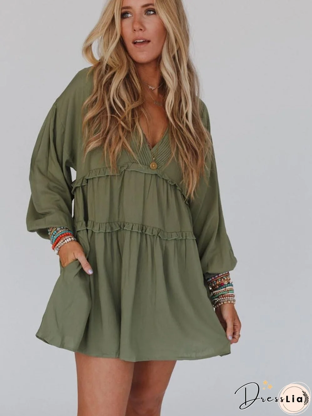 Enchanting Green Puff Sleeve Tiered Frill Mini Dress