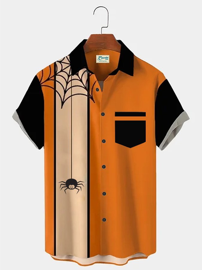 Mens Orange Spider Cotton-Blend Holiday Series Short Sleeve Halloween Shirts