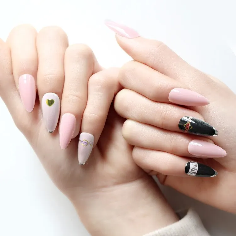 Fake Nails with Glue Metal Color False Nail Art Tips Press on Coffin Stick Designs Clear Set Full Cover Artificial Short Kiss-Nail Inspo