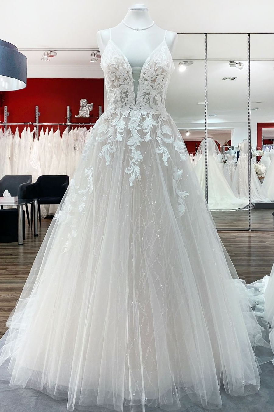 Bellasprom Beautiful Long Tulle V-Neck Wedding Dress With Sequined Lace Appliques Spaghetti-Straps Bellasprom