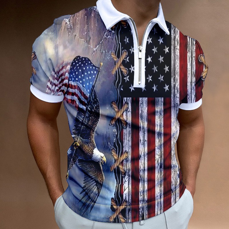 Men's Independence Day printed short sleeved zippered polo shirt PLUSCLOTHESMAN