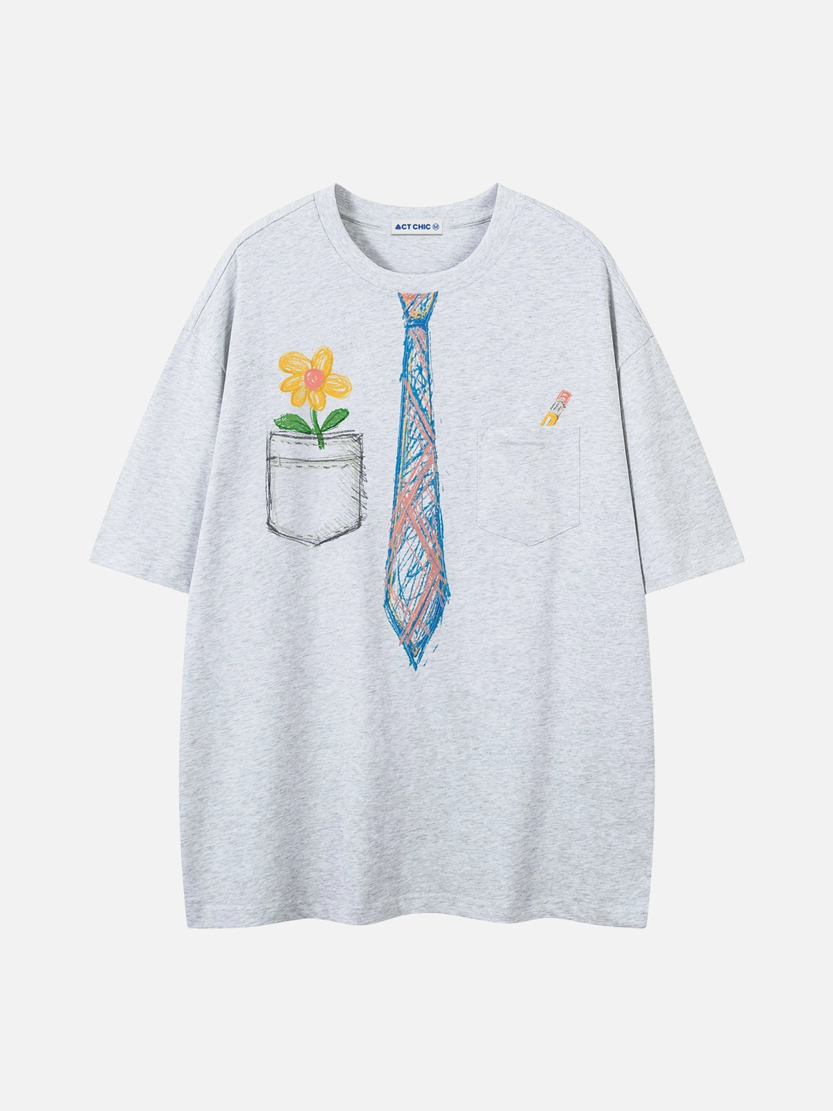 Grey Preppy Graffiti Necktie Print Oversized Tee Front