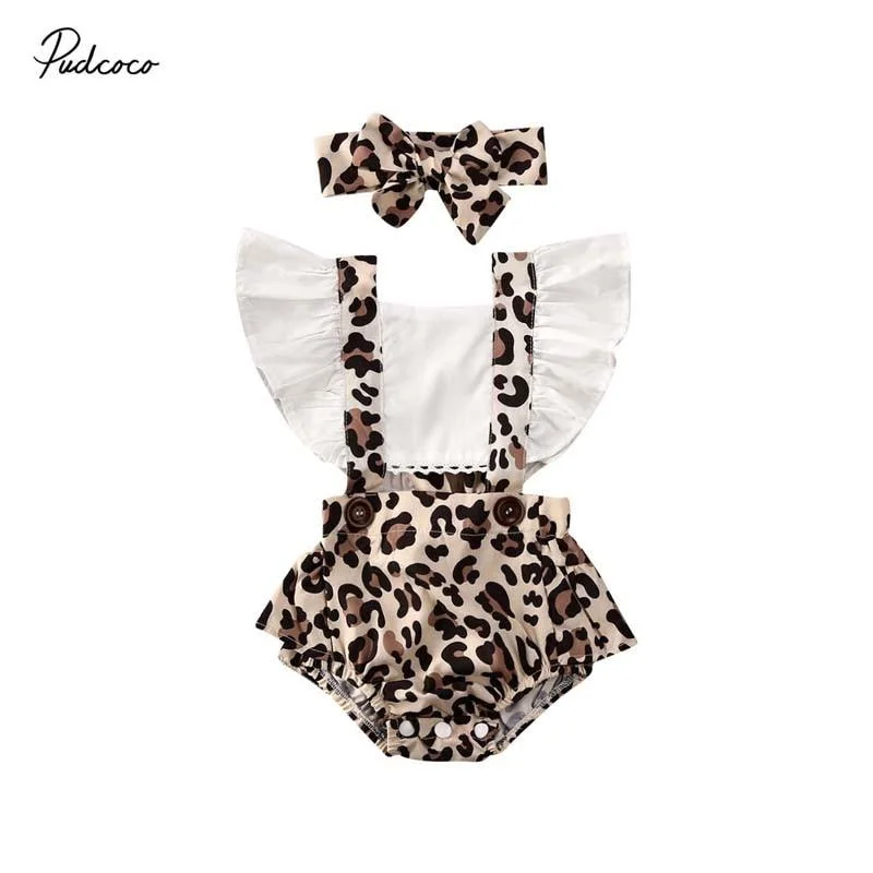 2020 Baby Summer Clothing Newborn Infant Baby Girl Clothes Leopard Jumpsuit Bodysuit Headband 2Pcs Outfits