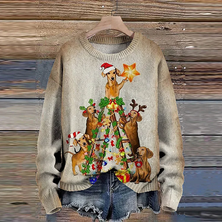 Comstylish Christmas Cute Dogs Decorations Art Pattern Print Casual Knit Pullover Sweater