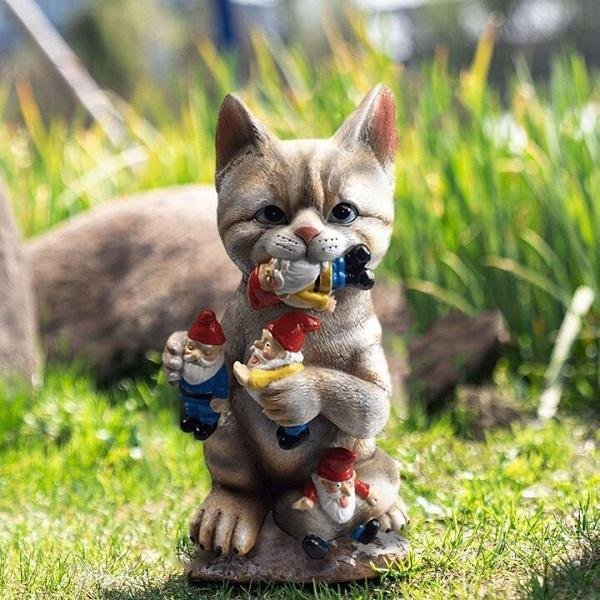 Cat Eating Gnomes Statue