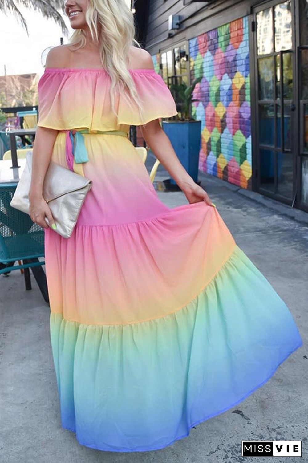 Gradient Off Shoulder Belted Maxi Dress