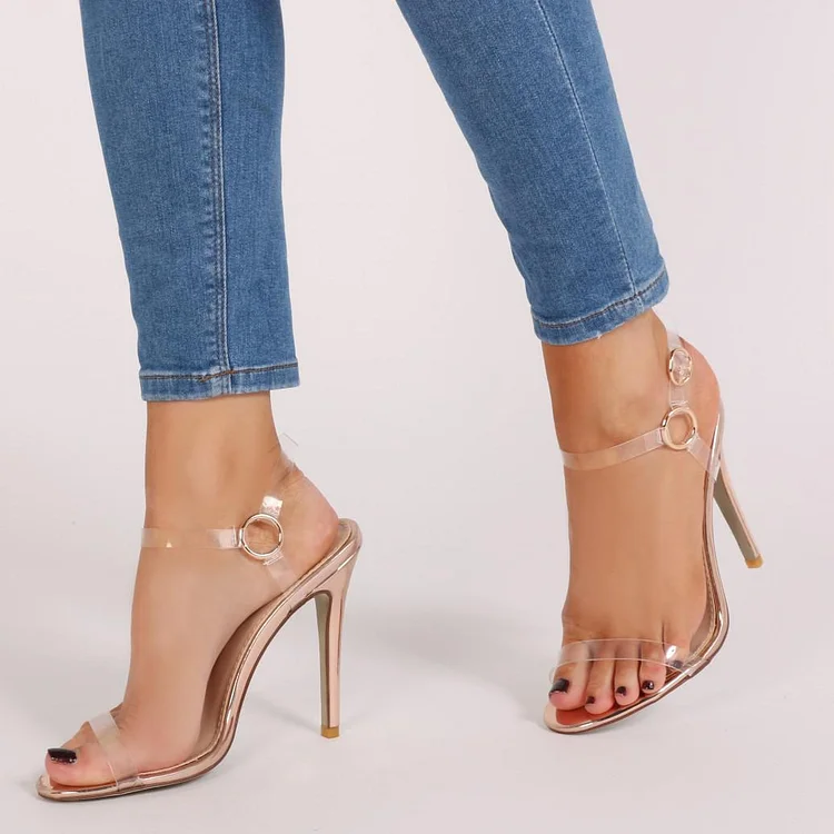 Rose Gold transparent Strap Heels PVC Stiletto Heels Slingback Sandals |FSJ Shoes