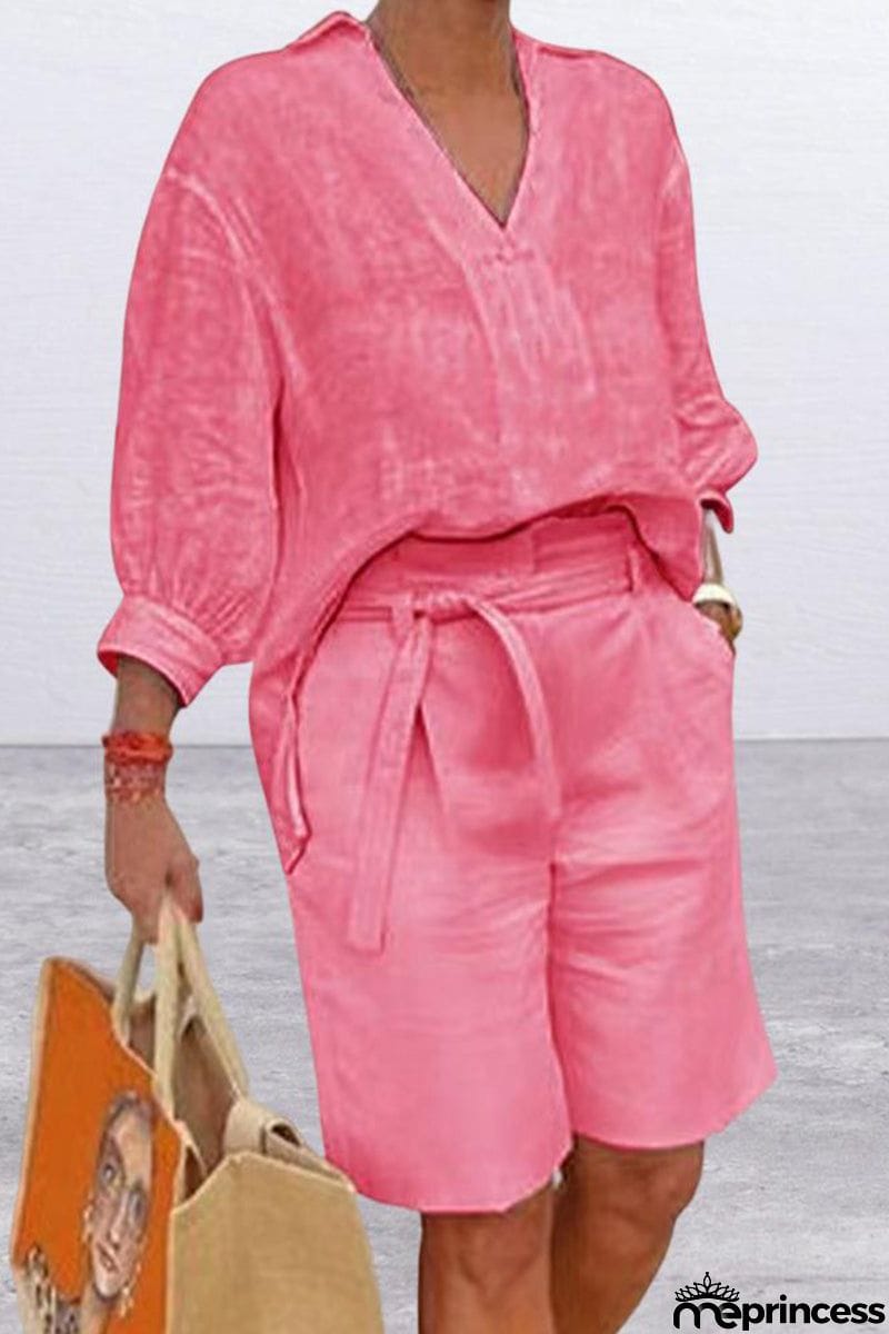 Casual Simplicity Solid Pocket V Neck Long Sleeve Two Pieces