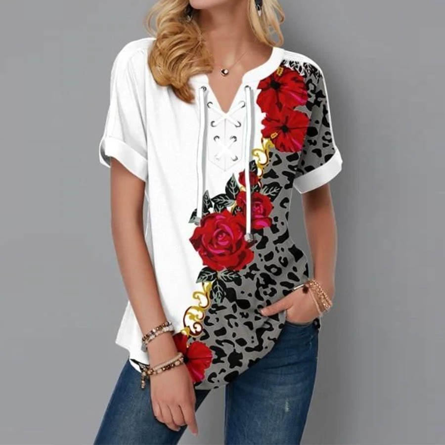 Leopard Rose Print Lace-up Women's Loose Top