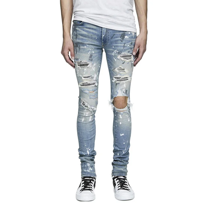 Men's Splashing Ink Ripped Jeans FOG Style Slim Elastic Men's Jeans