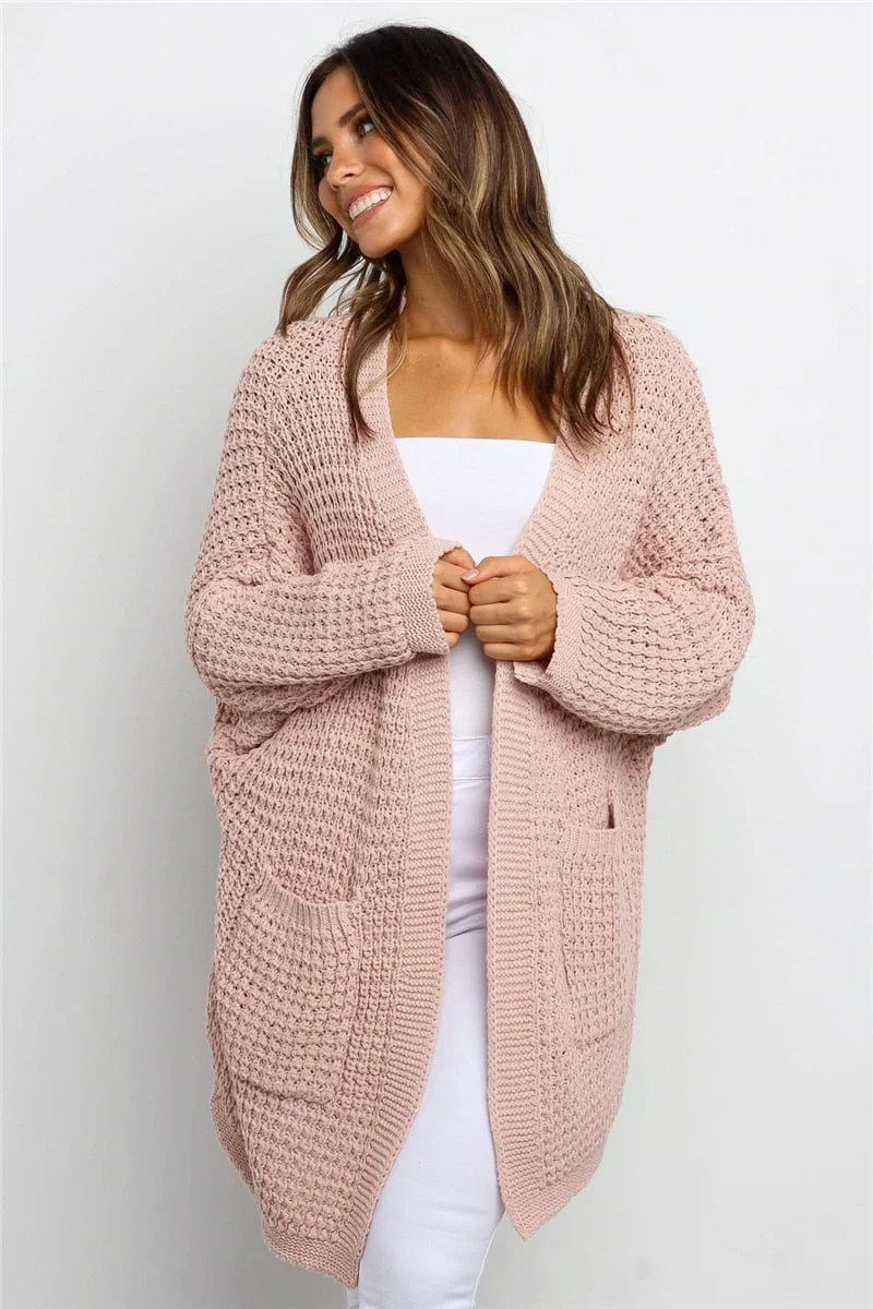 Fitshinling Oversize Knitted Long Cardigan For Women Pockets Slim Solid Winter Coat Jacket Female Long Sleeve Sweaters Cardigans