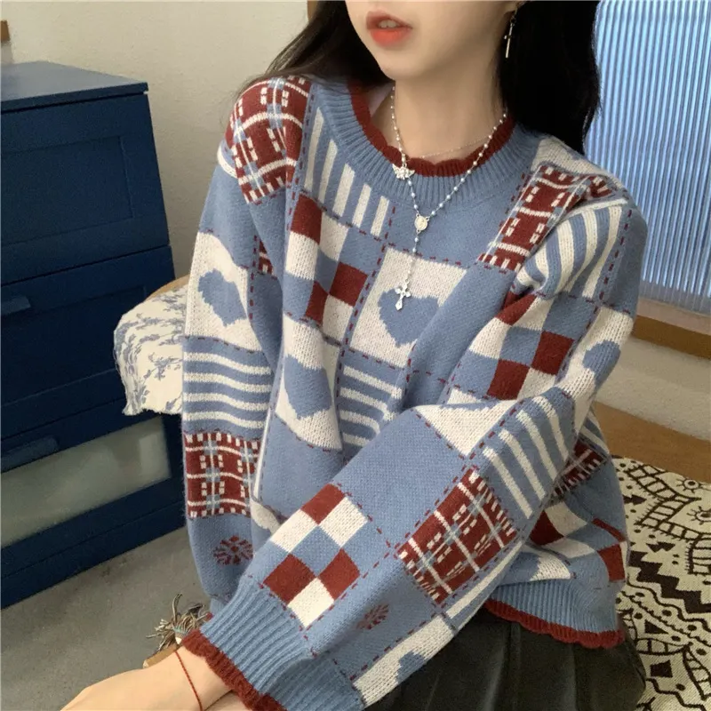 Churchf Churchf Sweater Adds Thick Splicing Love Sweater Female Loose Outside Wear Autumn Winter New Style Vintage Jacquard Casual Sweater