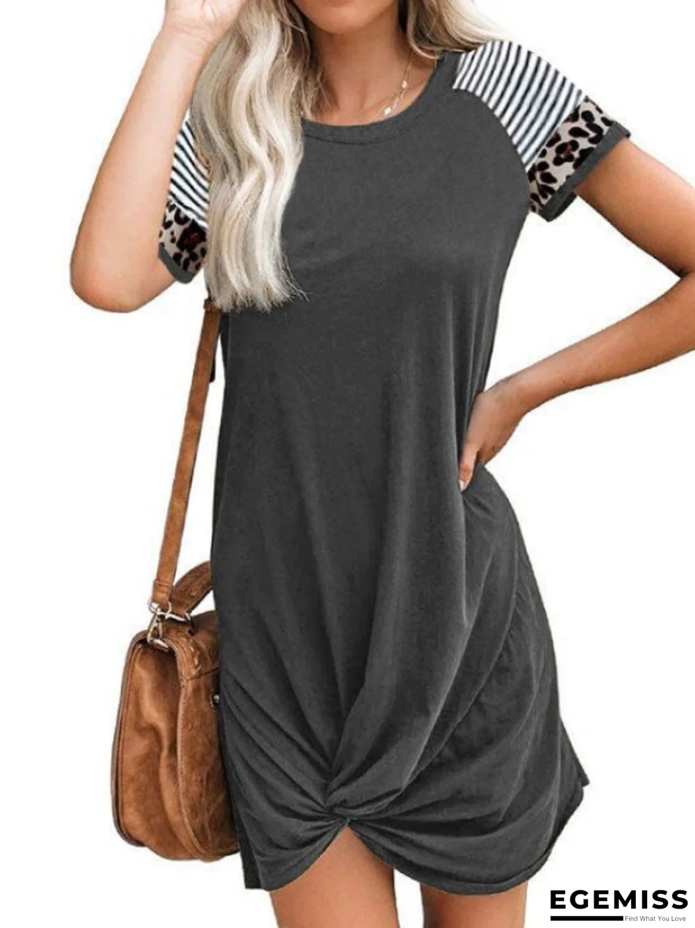 Women's Spring and Summer Raglan Leopard Stitching Short Sleeve T-shirt Dress | EGEMISS