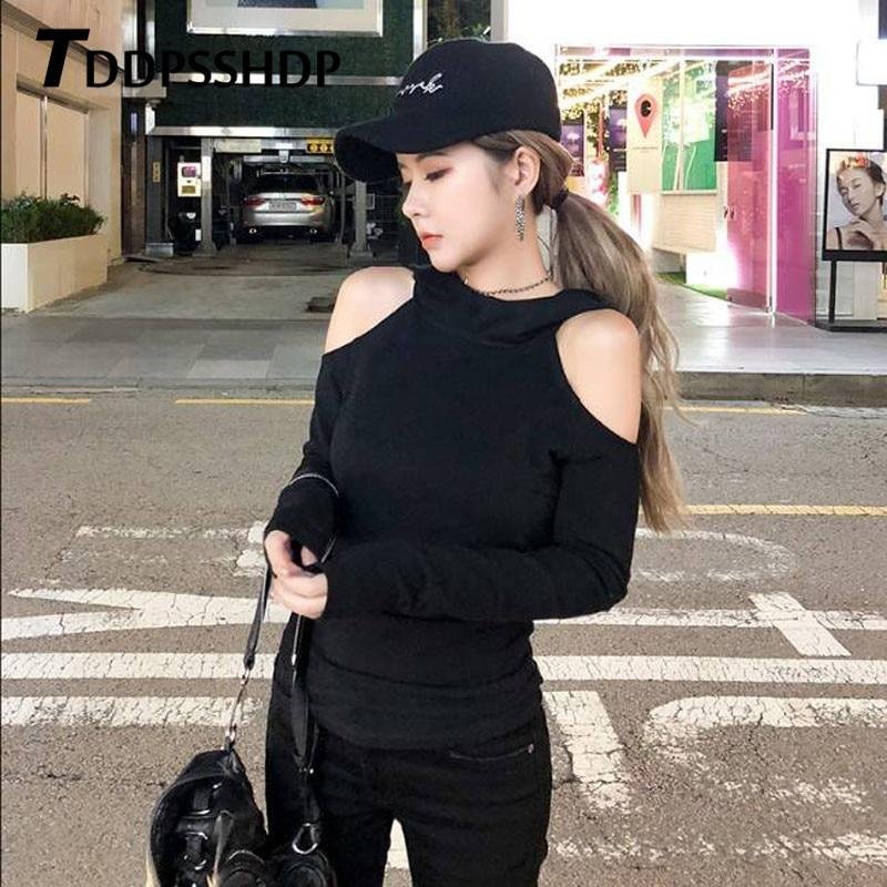 2019 Spring Pullover Expose Shoulder Women Sweatshirt Hoodies Long Sleeve Black White Grey Color Tops