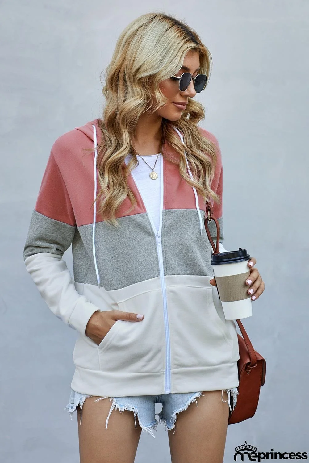 Zip Front Color Block Splicing Drawstring Hoodie