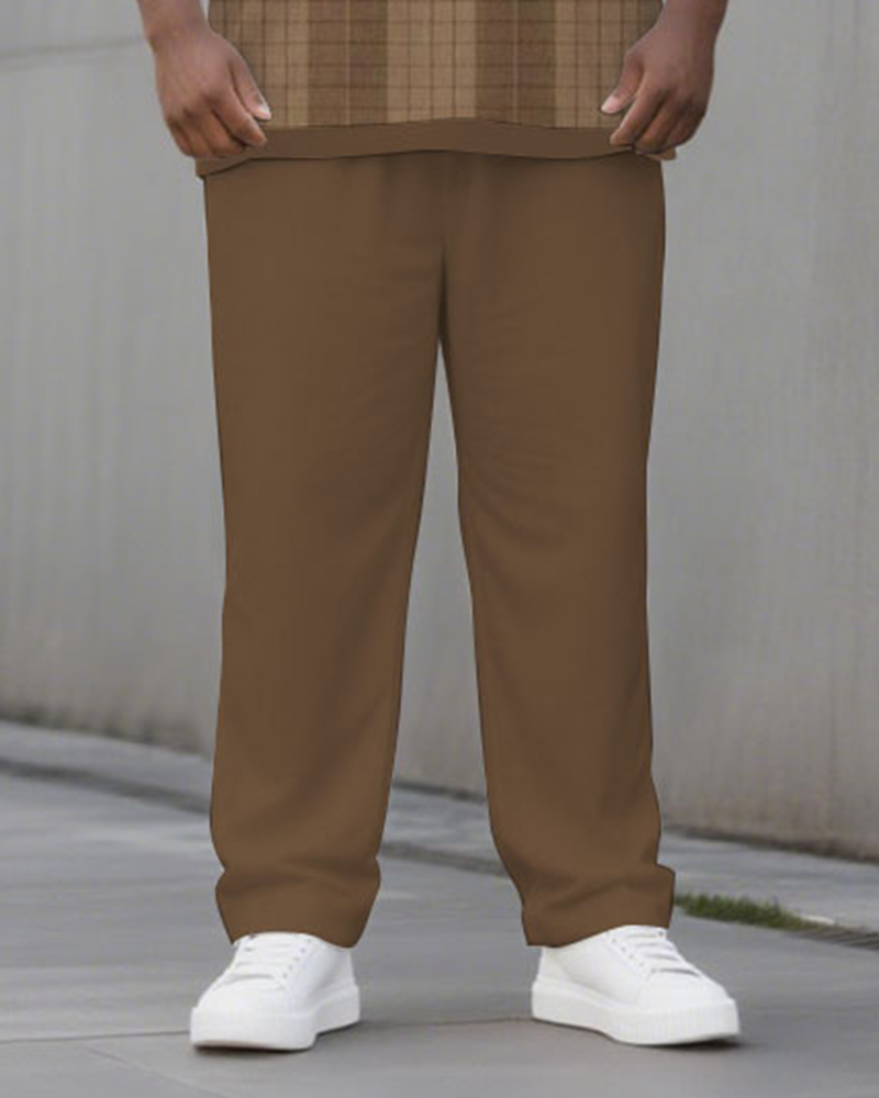Big & Tall Men's Brown Plaid Print POLO V-Neck Long Sleeve Pants Two-Piece Set