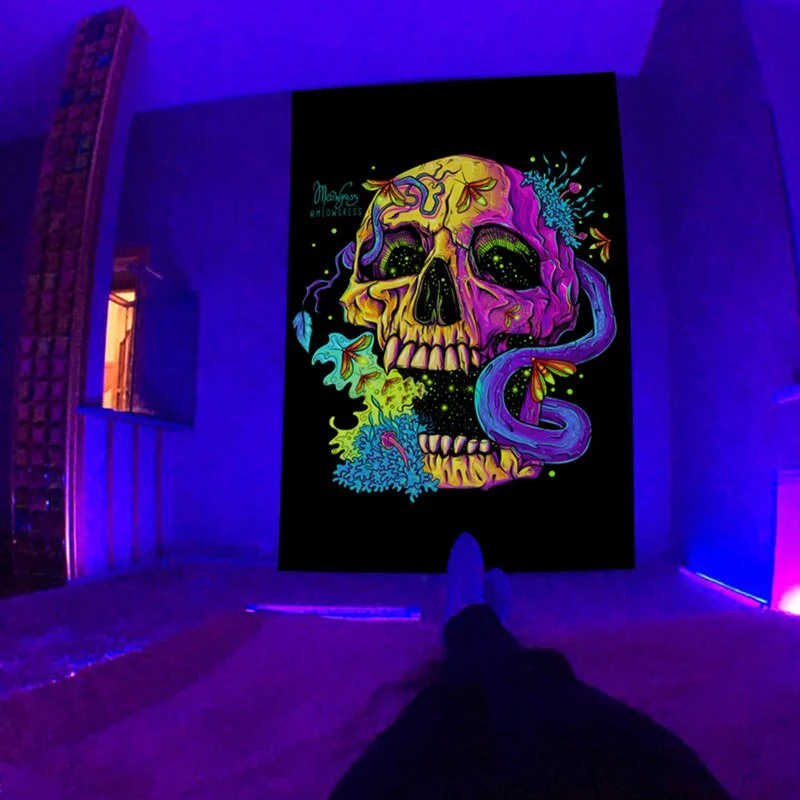 Psychedelic Skull Fluorescent Tapestry Glow Under Ultraviolet Light Mushroom Wall Hanging Cloth Hippie Decor Home Room Aesthetic