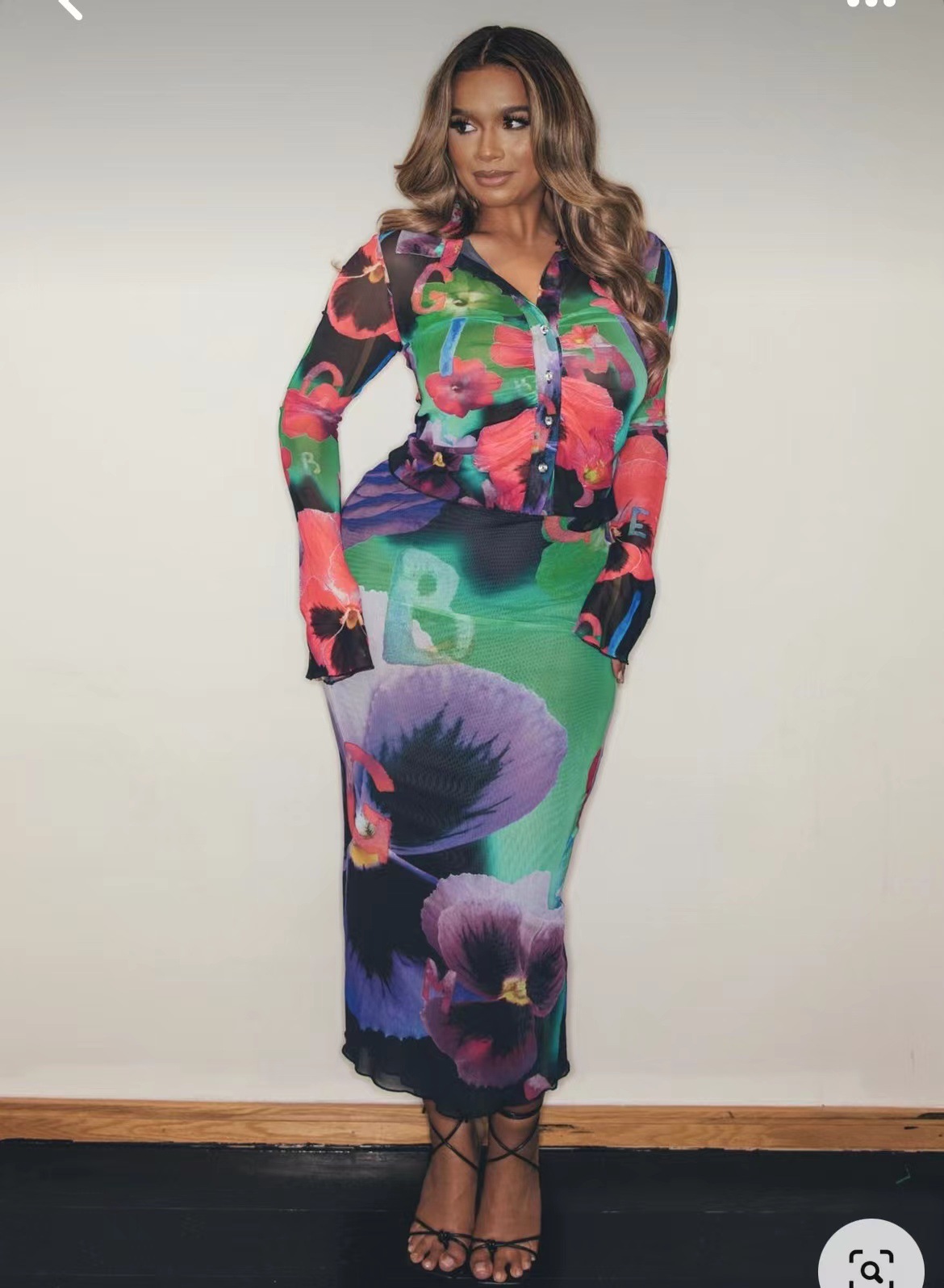Women Sexy Double Layer Mesh Printed Two-Piece Set