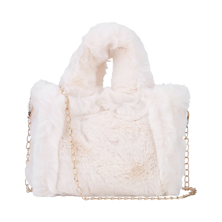 Plush Shoulder Bag Fashion Autumn Winter Faux Fur Tote Soft for Work (Beige S)