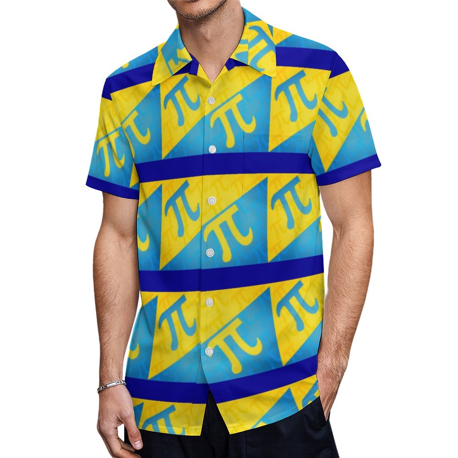 Yellow And Blue Pi Math Hawaiian Shirt Mens Button Down Plus Size Tropical Hawaii Beach Shirts