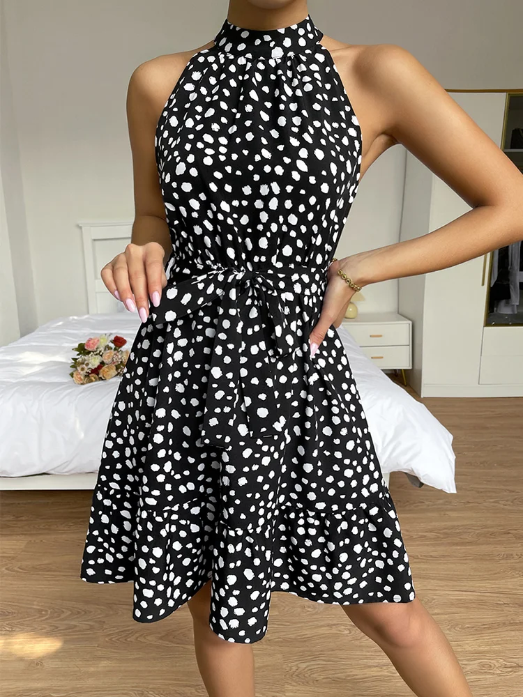 Trendy Sleeveless Leopard Sling Belt Elegant Mini Dress