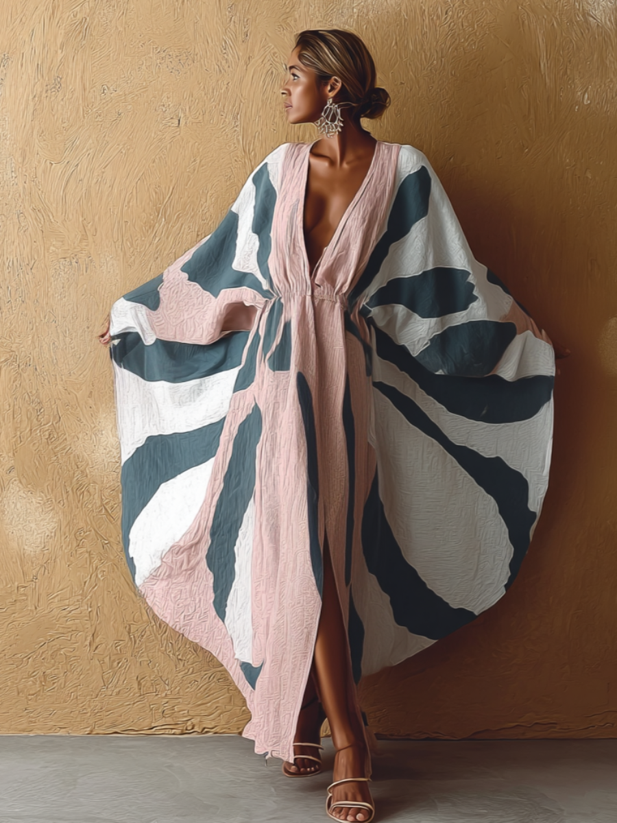 Azzurra Mare Brushstroke Art Linen V-neck Long Kaftan