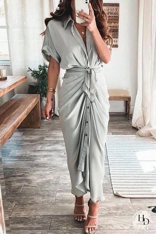 Meridress Solid Tie Knot Waist Button Down Ruched Dress