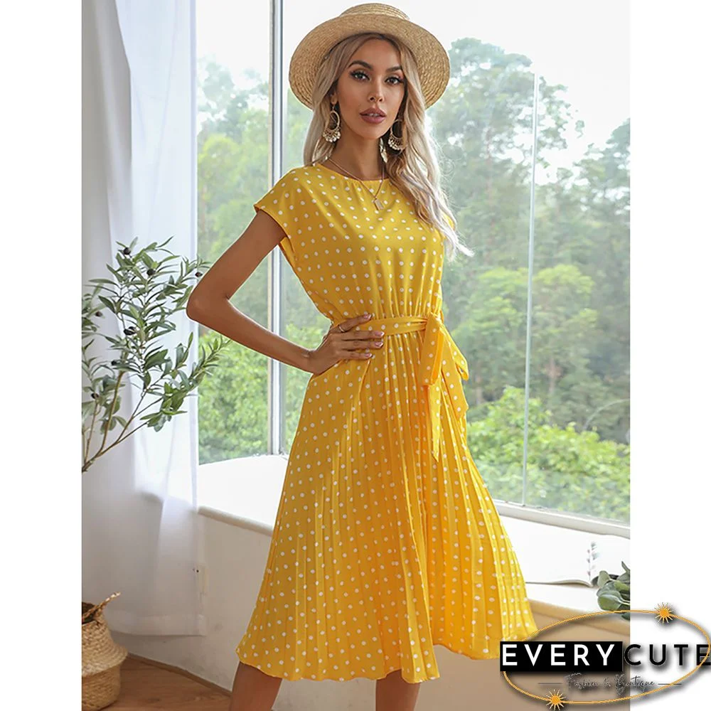 Yellow Tie Waist Short Sleeve Casual Dress
