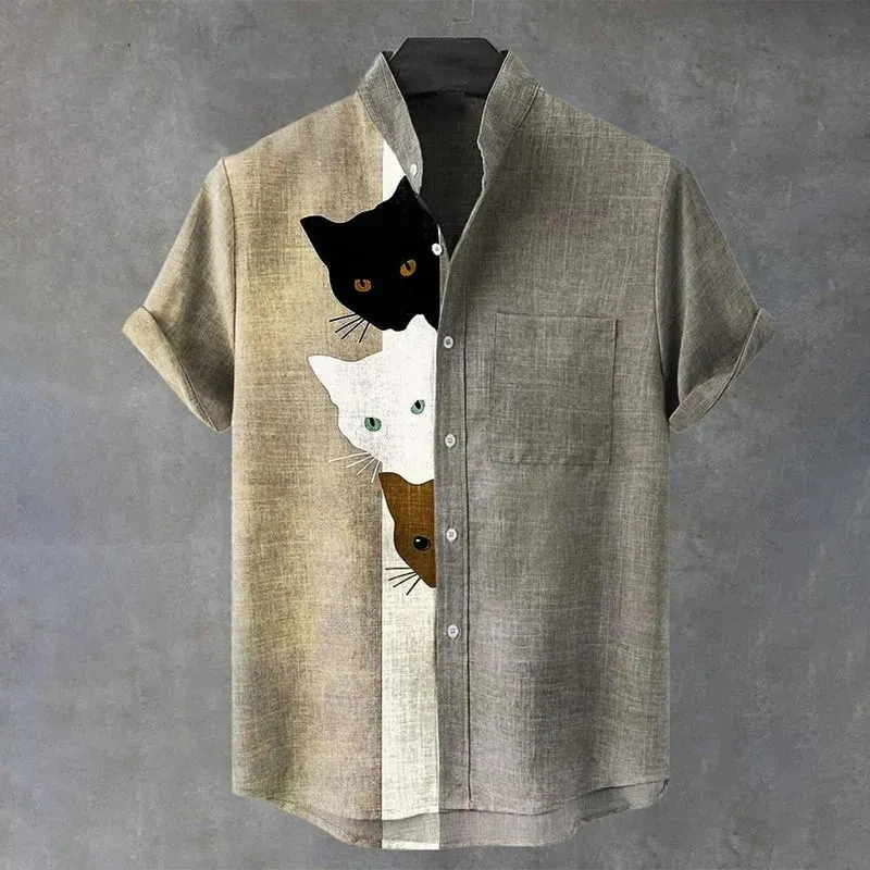 Men's Vintage Cute Cat Color Blocking Art Short Sleeve Shirt  artssus