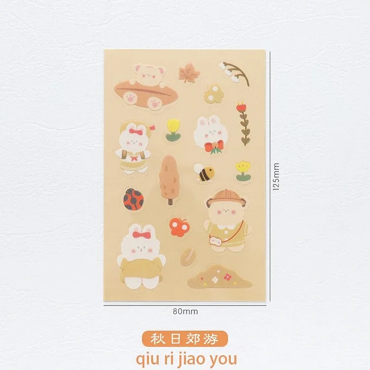 Journalsay 2 Sheets Cute Rabbit Bear PET Stickers Simple and Kawaii Shaped Stickers