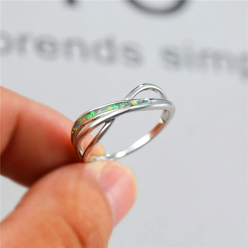 Simple Female Hollow Cross Thin Ring Charm Silver Color Thin Wedding Earrings Trendy Blur Opal Stone Engagement Rings For Women
