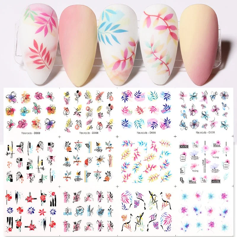 Harunouta 12pcs Simple Green Theme Water Decal Sticker Flower Leaf Tree Spring DIY Slider For Manicuring Nail Art Watermarks