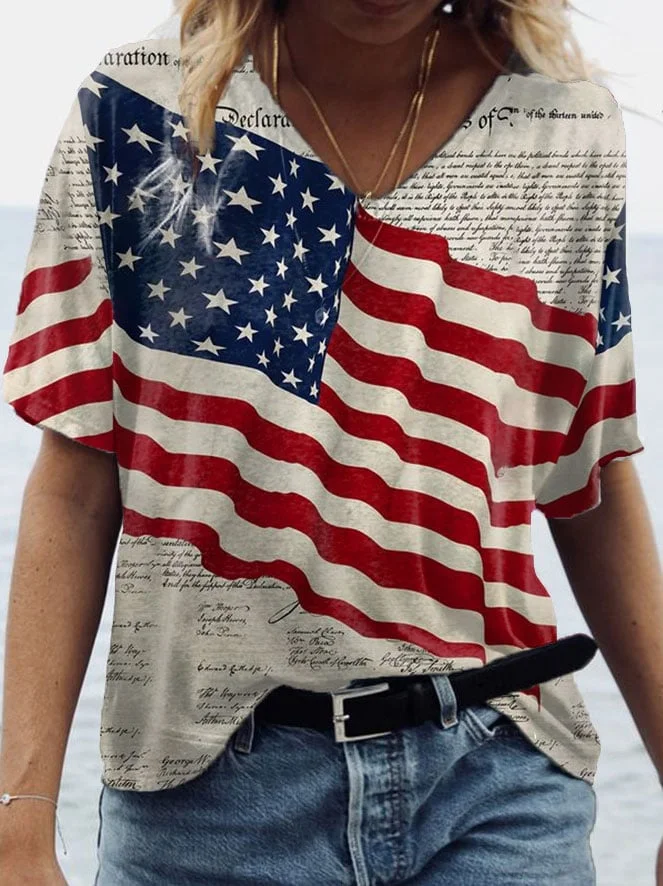Women's Independence Day American Flag Print V-Neck Tee socialshop