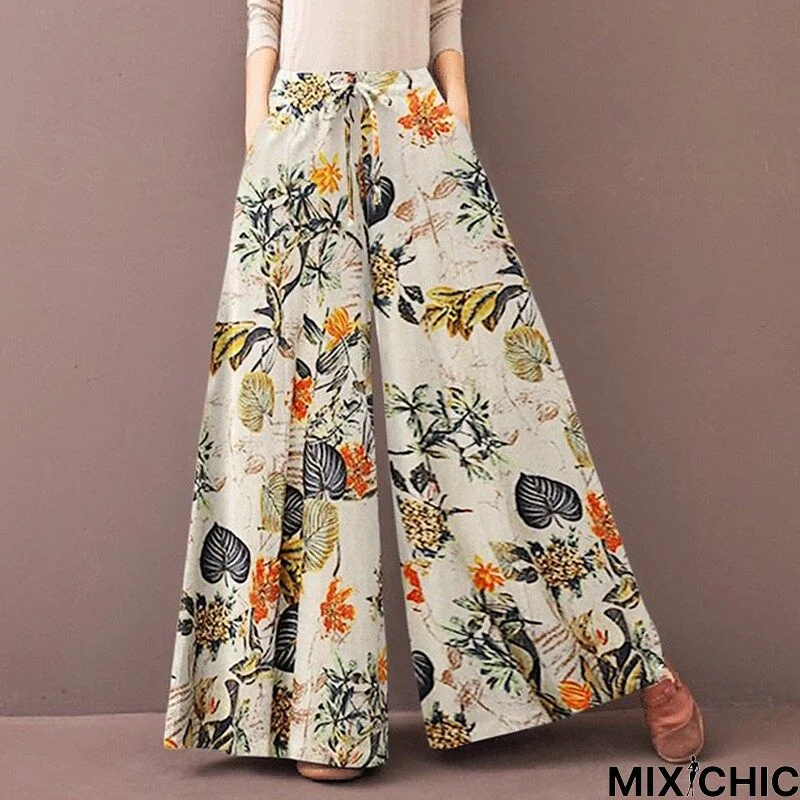 Women's Culottes Wide Leg Slacks Pants Trousers Trousers Cotton And Linen Yellow Dark Blue Red Mid Waist Fashion Streetwear Holiday Weekend Pocket Print Full Length Comfort Flower / Floral S M L XL