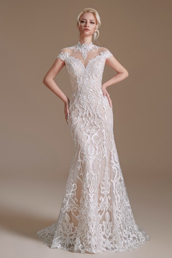 Stunning Long Lace Mermaid High-neck Wedding Dress With Sleeves | Ballbellas Ballbellas