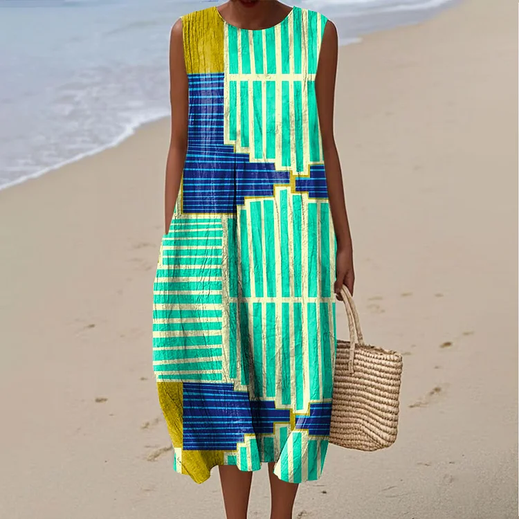 Women's Fashion Color Block Line Art Print Sleeveless Cotton Pocket Wrap Dress