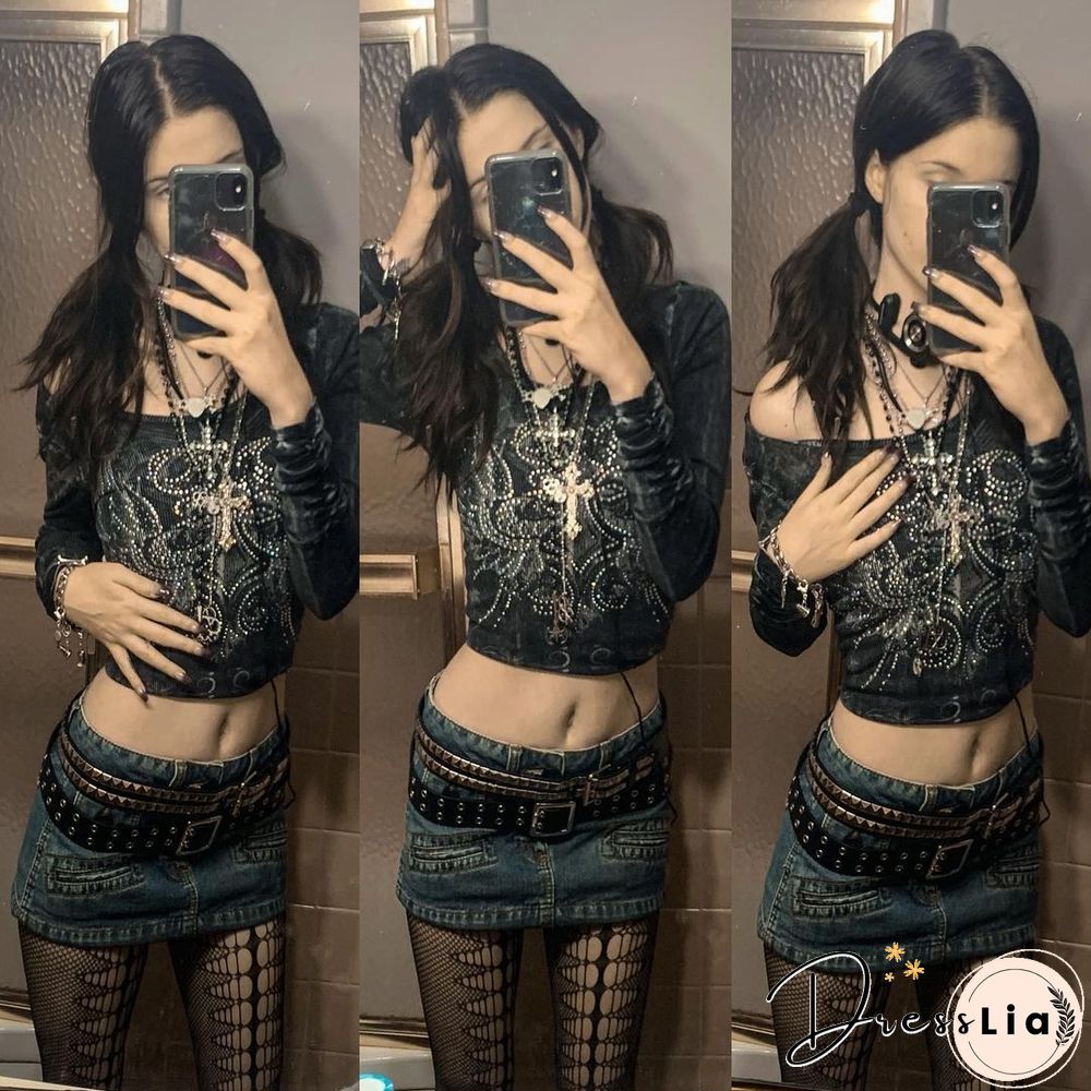 Retro Hot Rhinestone Print Long Sleeve Shirt